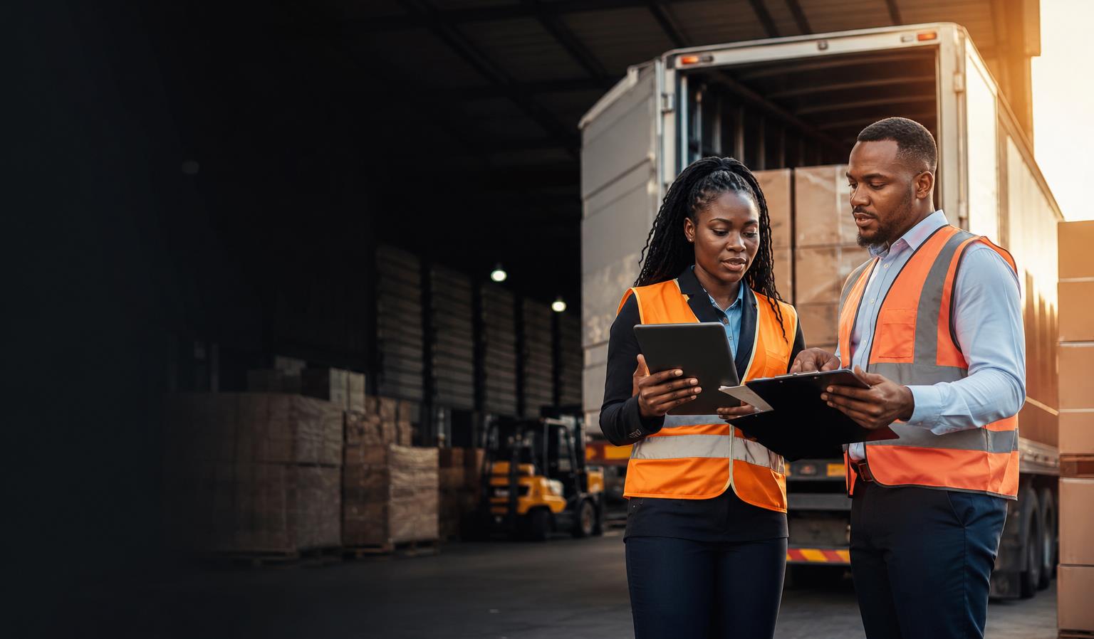 Procurement and logistics professionals reviewing delivery details