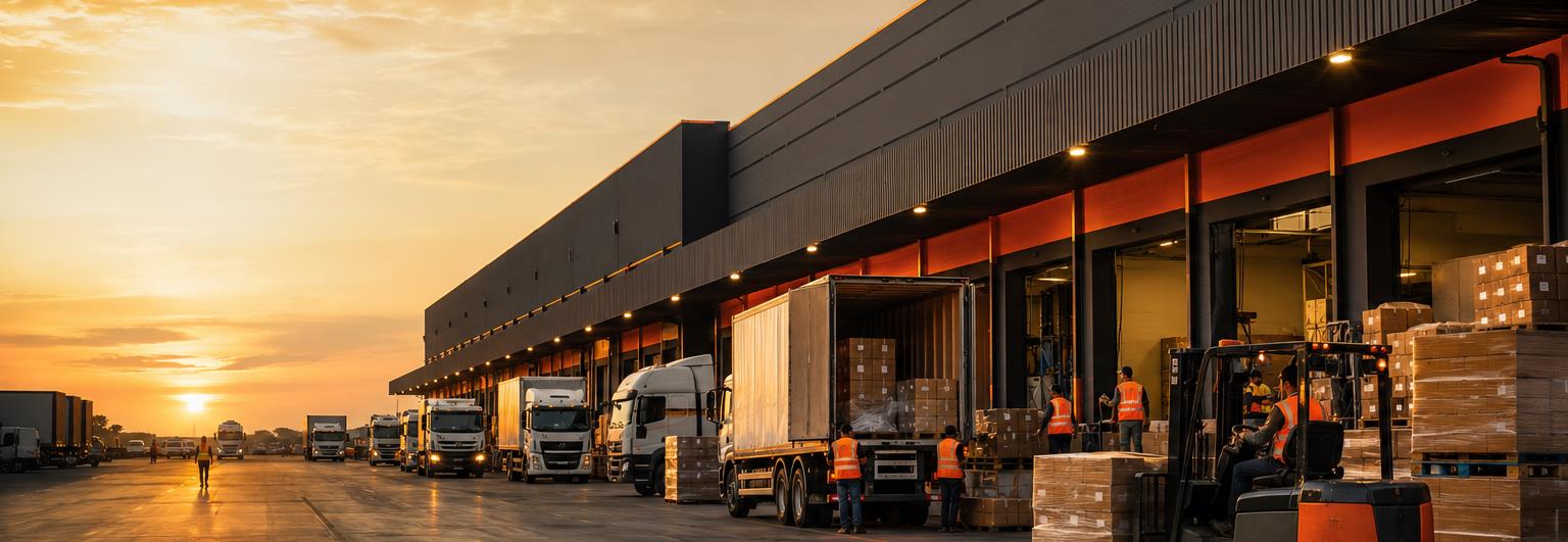 Trucks and loading bays at a distribution centre